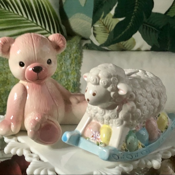 Set 2 Vintage Ceramics Pink Teddy Bear + Lamb Coin Bank - Picture 1 of 9
